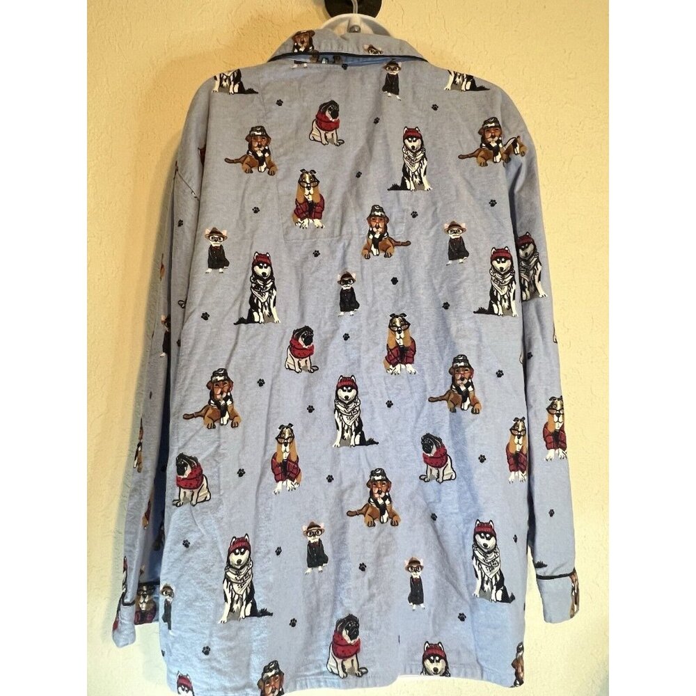 PJ Salvage Pajama Top Women's L Dogs Eyeglasses Flannel Button Up Blue - Picture 6 of 16